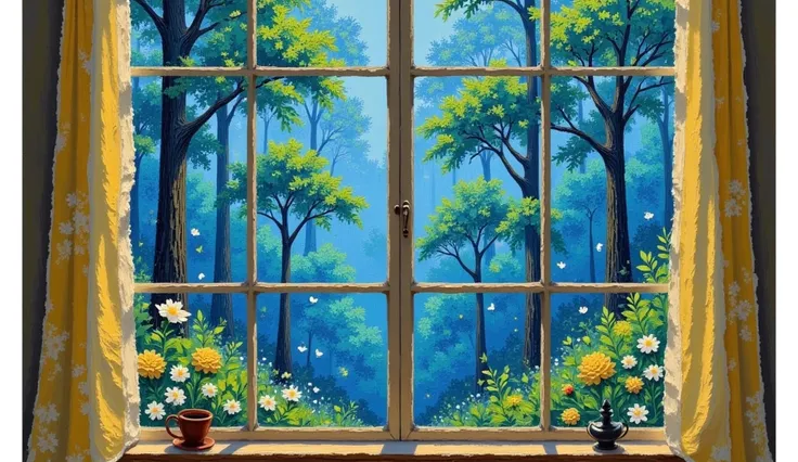  An acrylic painting ， A painting of a window with a view of the forest, David B . Martinley ,  Behance contest winning work , Simple Art,  Thomas Kincaid . Forest Room,  just a joke ,  fantastic forest ,  watercolor forest , Fairytale Forest, Watercolor m...