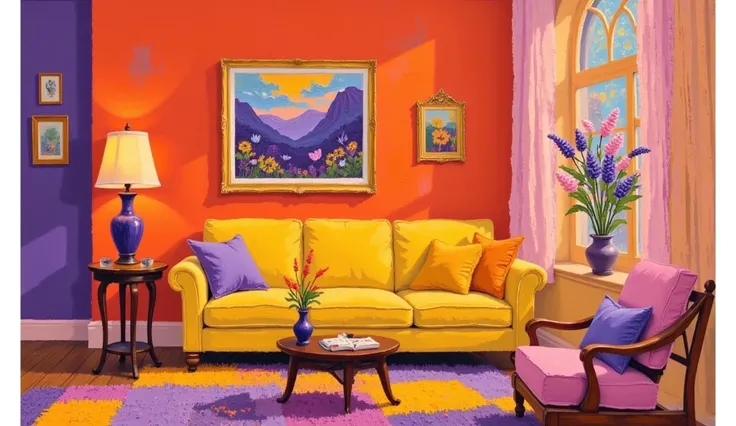   painting for living room with sofa , chair, Table and vase ,  warm artistic expression ,  and purple color scheme ,  room painting ,   and orange color scheme  , yellow-orange tone, Warm and saturated colors,  orange and purple color scheme ,  inspired b...