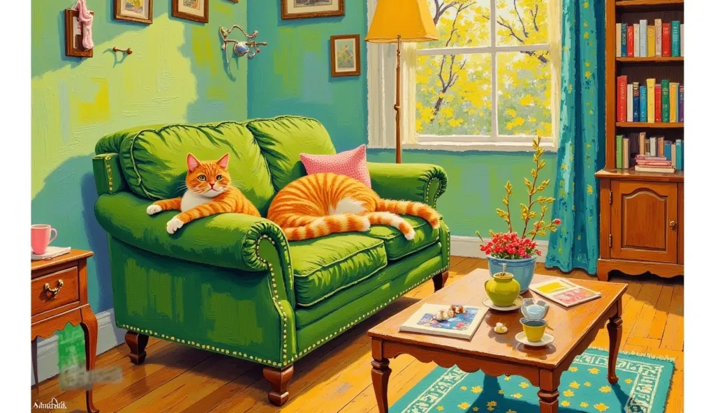  painting of a cat  laying on a green couch in a room,  Inspired by Charles Ginner ,  painting of a cat , a  painting of a cat ,  inspired by John Wannacott,  on the couch , in a  painting of a cat ,  Cat portrait , by Annabel Kidston, oil painting cat, 坐 ...