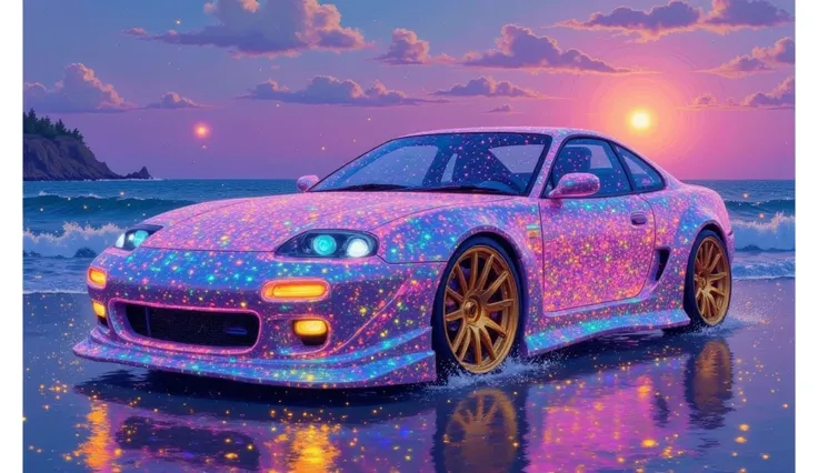 Close-up shot of a car with lots of lights on the beach,  car with holographic paint ,  beyond art style ,   Art Deco beats anime aesthetics  ,  lsd wave ,  8k amazing works of art, Beeple 和 James Jean, 8k  digital painting , 由Drew Tucker, flash!  digital ...