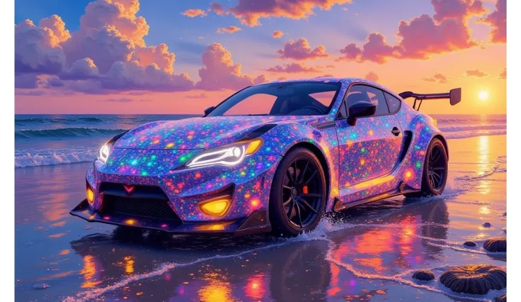 Close-up shot of a car with lots of lights on the beach,  car with holographic paint ,  beyond art style ,   Art Deco beats anime aesthetics  ,  lsd wave ,  8k amazing works of art, Beeple 和 James Jean, 8k  digital painting , 由Drew Tucker, flash!  digital ...