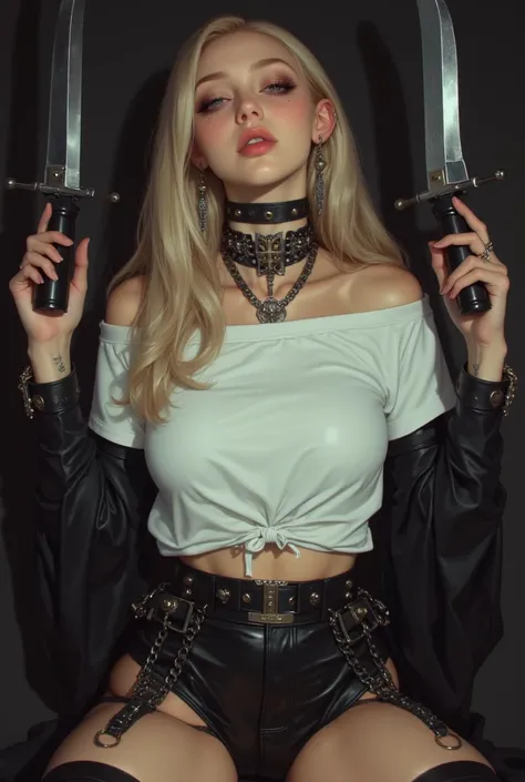 1girl, beautiful detailed eyes, beautiful detailed lips, extremely detailed eyes and face, long eyelashes, attractive blonde woman, blonde hair, heavy makeup, dark eyeliner, dark eyeshadow, off-shoulder white t-shirt, black leather hotpants, navel piercing...