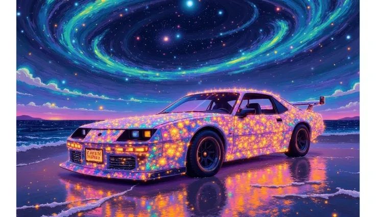   Closeup of a car on a beach with lots of lights, a  digital painting  by Drew Tucker, tumblr, [Space Art,  car with holographic paint ,  beyond art style ,   Art Deco beats anime aesthetics  ,  lsd wave ,  8k amazing works of art, Beeple 和 James Jean, 8k...