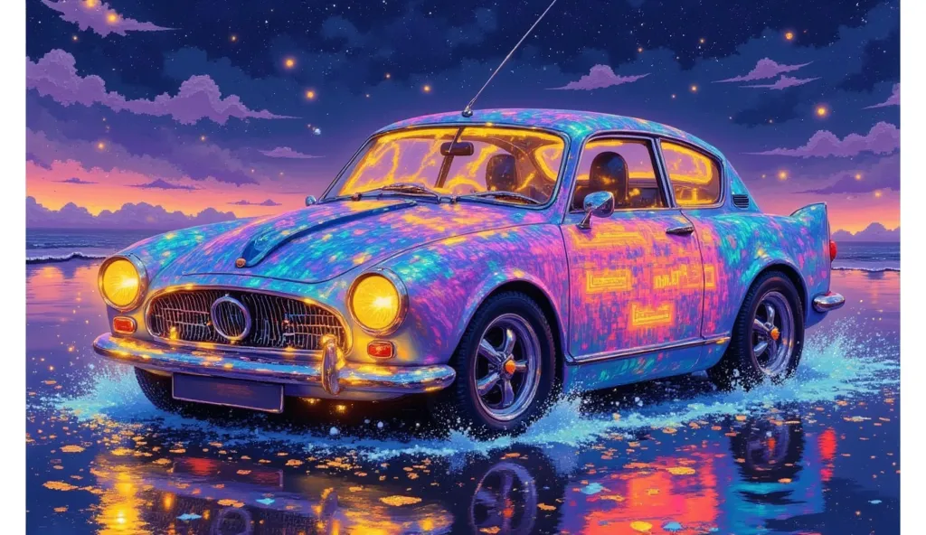   Closeup of a car on a beach with lots of lights, a  digital painting  by Drew Tucker, tumblr, [Space Art,  car with holographic paint ,  beyond art style ,   Art Deco beats anime aesthetics  ,  lsd wave ,  8k amazing works of art, Beeple 和 James Jean, 8k...