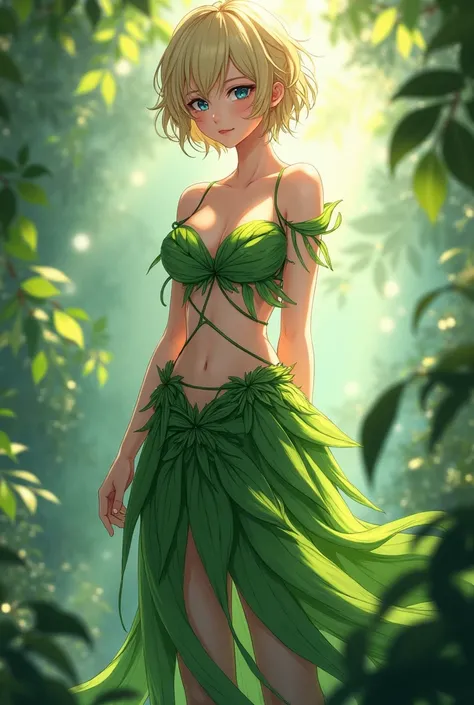 a woman with short blond hair and blue eyes wearing a green leaf bra and a long skirt with green leaves anime version