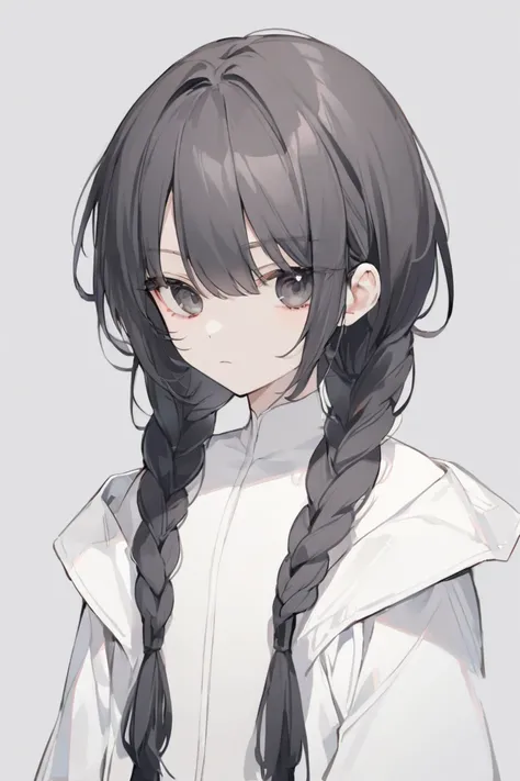  girl、front、From the chest up、black hair、 braids、 black eyes、 expressionless、white wear, simple background