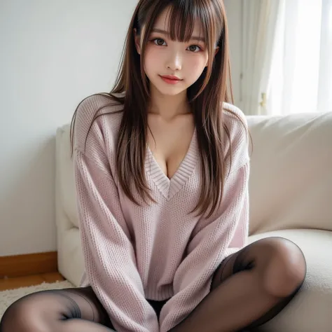  wear perfect and realistic black pantyhose:1.6,  sharp, sharp lines,  Cannon Pictures Crystal Clear ,  Photorealistic,    beautiful girl in every detail , Genuine: 1.4,  detailed description of the meaning and purpose of, A soft sweater in pastel colors:1...