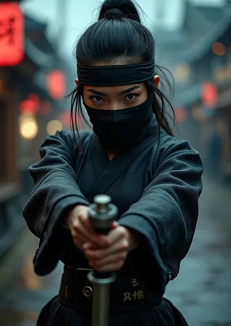  ((( Female Ninja from the Warring States Period ))),  (( a perfectly beautiful 20 year old Japanese female ninja)),  (((目だけ見えているMasked))), ((( Face Up ))), ((( Mad Max holding a shotgun))),　((( Holding Japanese Swords ))), (((強烈なインパクトの Masterpiece写真))),  ...