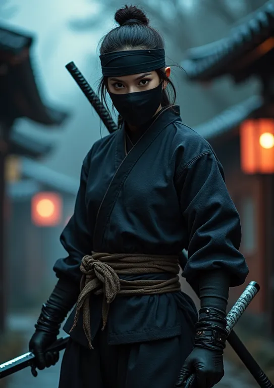  ((( Female Ninja from the Warring States Period ))),  (( a perfectly beautiful 20 year old Japanese female ninja)),  (((目だけ見えているMasked))), ((( Face Up ))), ((( Mad Max holding a shotgun))),　((( Holding Japanese Swords ))), (((強烈なインパクトの Masterpiece写真))),  ...