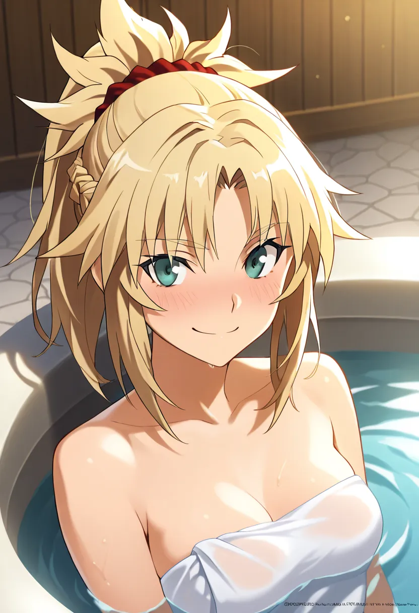  mordred, green eyes, blonde hair, ponytail, short hair, scrunchie , red scrunchie , hair scrunchie , medium breasts,smile,, Official art smile,,{best quality},smile,, Best qualitybest quality,best quality smile,,best quality best qualitysmile ,,best quali...