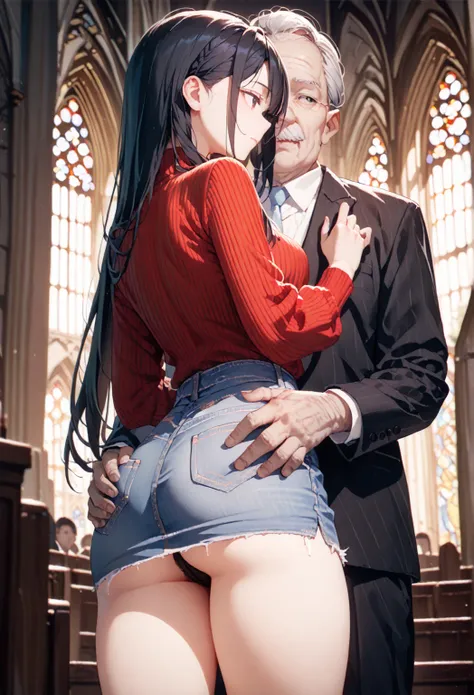 (((1girl standing:1.3))), ((Old man groping her ass: 1.1)), Church, long straight hair, black hair, Black eyes, Medium bust, ((Sexy body)), ((Cowboy shot)), Denim pencil skirt, red sweater, black panties, look down, look away, old man in suit,