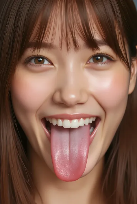 32k 8k super high image quality masterpiece, well-groomed face, realistic eyes, high brightness, focus on the face, like in a photo, like real reality, a smile showing a wet tongue, thick tongue, big tongue, glossy tongue, happy expression, selfie, live ac...
