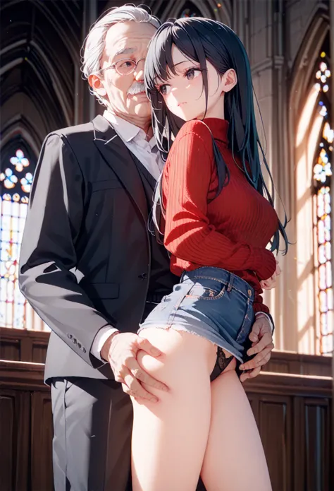 (((1girl standing:1.3))), ((Old man groping her ass: 1.1)), Church, long straight hair, black hair, Black eyes, Medium bust, ((Sexy body)), ((Cowboy shot)), Denim pencil skirt, red sweater, black panties, look down, look away, old man in suit,