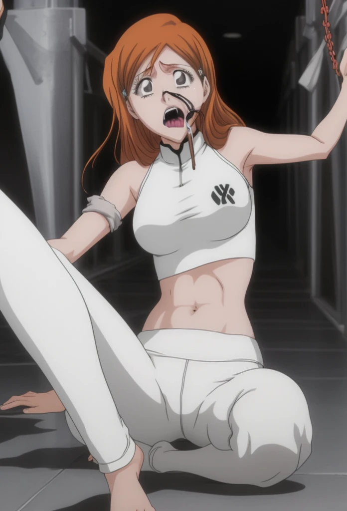 Orihime Inoue from Bleach wearing a crop top and yoga pants we can see her navel and feet as she is strangled she is convulsing having her mouth wide open and her eyes rolling back she is almost fainted from the lack of oxygen we can see her feet
