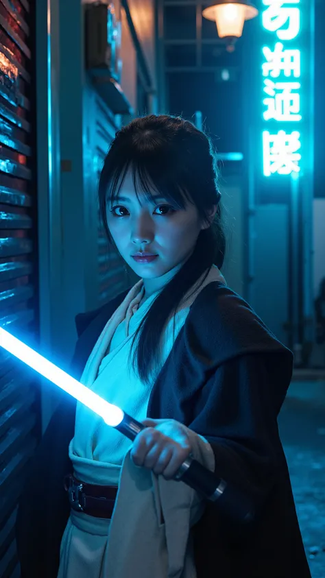 A high resolution photograph of a Japanese young woman in jedioutfit standing with blue light saber, photo-realistic, realistic portrait, face focus, close-up, cinematic lighting, profile, outdoors, alley, outside bar with "YODA Land" neon sign, at night,