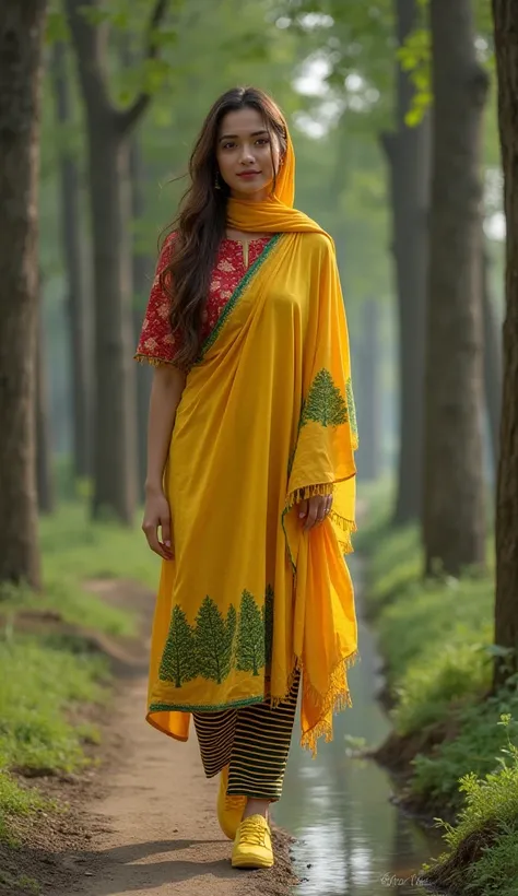 Prompt for this image:

"Hyper-realistic, full-body portrait of a woman with a smooth, stick-like face, walking along a narrow dirt path surrounded by a forest of tall, slender trees. She wears a vibrant yellow traditional dress with green tree patterns al...