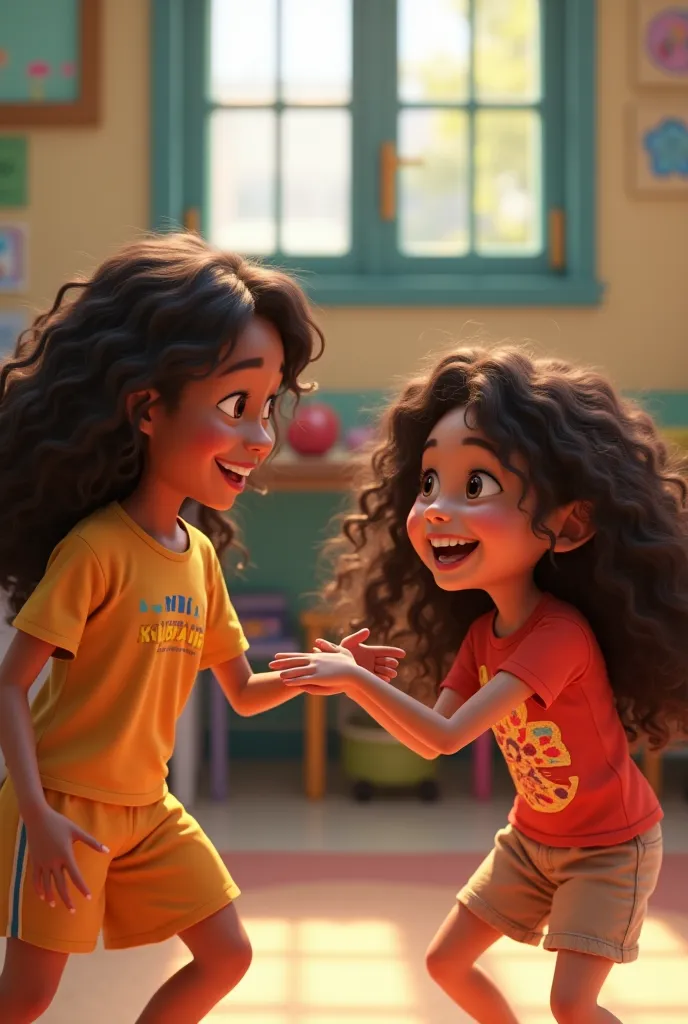 disney pixar style,.Women, long curly hair playing with ren in kindergarten