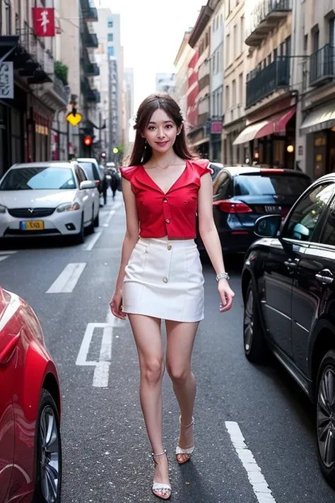 Beautiful breasted woman walking through city streets, 太陽に照らされた青いTシャツand色あせたブルージーンズ, A red car running in the background, and、キラキラand輝く世界.  