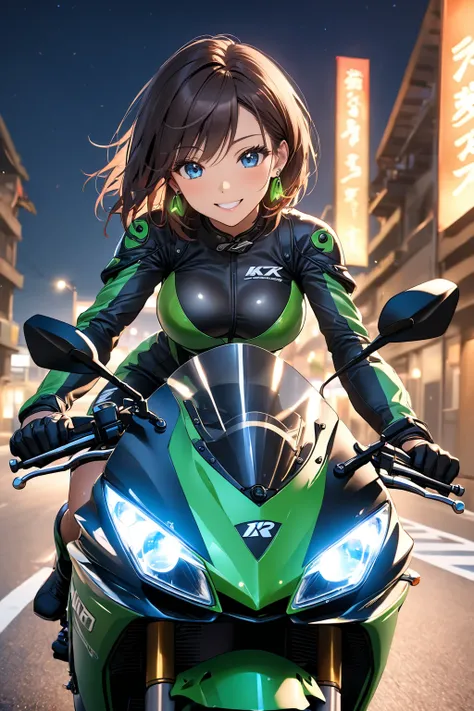 Beautiful Japanese woman riding a KAWASAKI ZX-10R motorcycle, full view, white headlight, glowing exhaust pipe, super wide-angle shot. Shiny brown skin, wearing riding gear, slim legs, medium bust, short black hair, blue/aqua eyes, happy expression. Cinema...