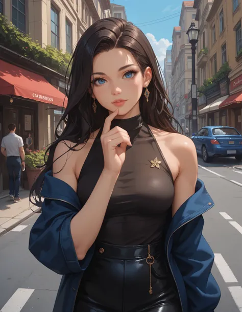 solo focus,  1girl , (masterpiece, high quality:1), sexy girl in the street. cool sexy clothes , leans on hands ,  flirts with the viewer ,  blue eyes.  black long hair, slim sexy, street cool, fashionable clothes