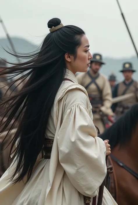 Ancient Korea Female General, Joseon era, long black hair which swirling with wind, is wearing light armored white costume, walking with her horse, getting tired, the aftermath of the battle in the background.,