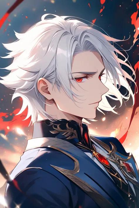   Handsome man .  Short white hair. hair styled back.   Red eyes . In a black and blue suit