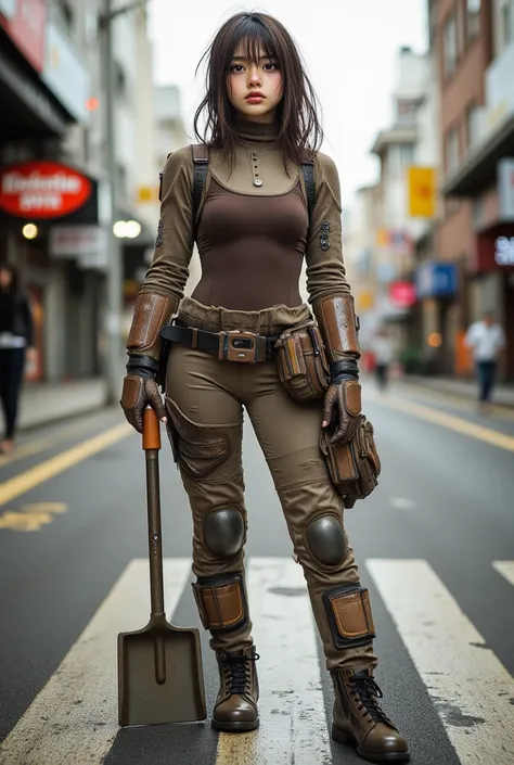 Modified mole girl 、21 years old、 brown hair semi-long、 wears a brown bodysuit、 wears brown arm guards on her upper arms 、 wears brown leg guards on her shins 、 carrying a huge shovel 、 is equipped with a glove compartment on her thighs with a belt、 The ba...