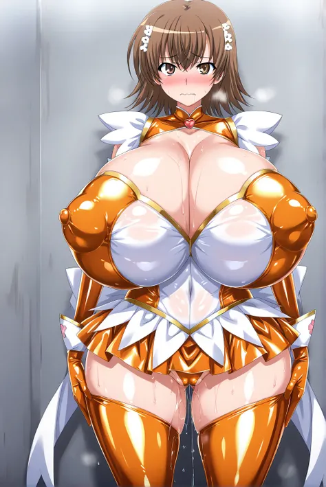 (Misaka-Misuzu),(gigantic huge busty,big hips,glamorous,covered nipples,),(expression of patience,in heat,blush,wavy mouth,),drooling,(,orange latex,Magical Girl Costume,short skirt,thigh high socks,elbow gloves,),(,looking viewer,standing,arms at sides,ha...