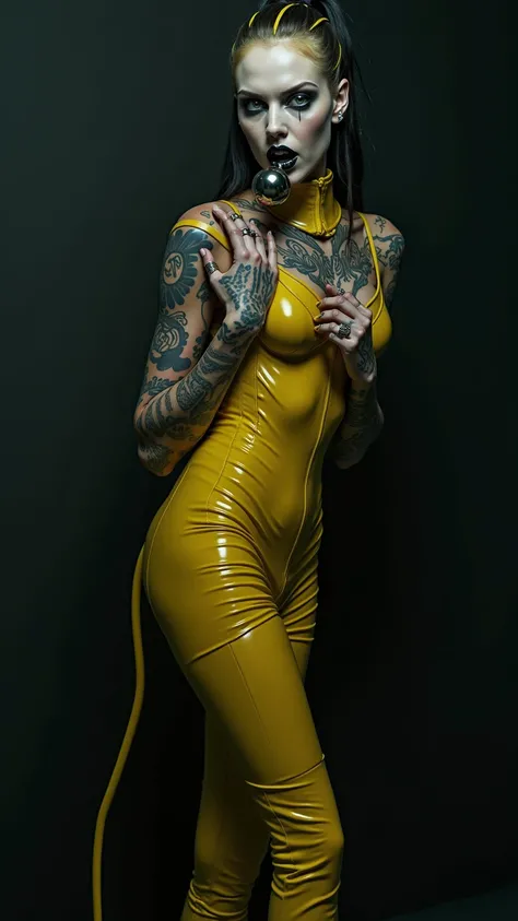 ANGELINA JOLIE, Dominatrix  , pale skin, vampire, nosferatu, BDSM, blue yellow latex , brilliant, metallic, corps latex noir, leggings en latex noir,   latex Japanese latex kimono  , cuissardes Bottes en latex yellow pour les cuisses, yellow latex corset, ...