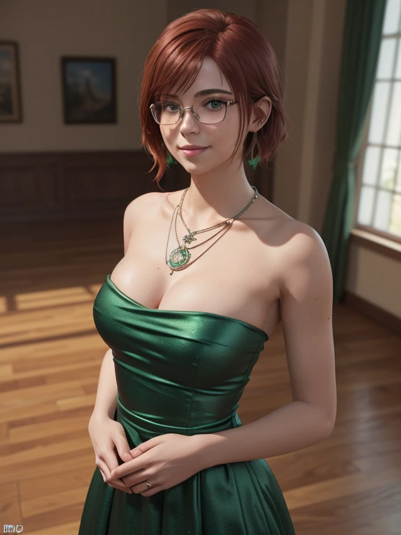  close-up,  upper body . Short, ( red hair:1.2),  green eyes,  diopter glasses with metal frames, (necklace,  green strapless dress:1.6),  second-size chest, a smiling 15-year-old girl stands in the ballroom. ( Masterpiece ,  top quality,  best quality,  o...