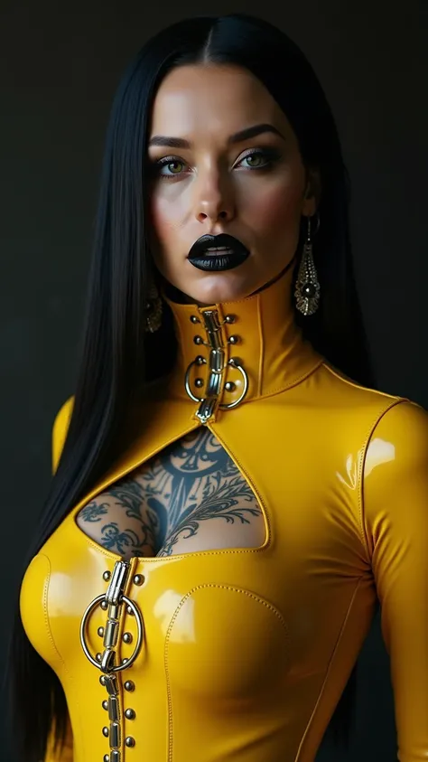 ANGELINA JOLIE, Dominatrix  , BDSM, blue yellow latex , brilliant, metallic, corps latex noir, leggings en latex noir,   latex Japanese latex kimono  , cuissardes Bottes en latex bright yellow pour les cuisses, bright yellow latex corset, heavy bright yell...