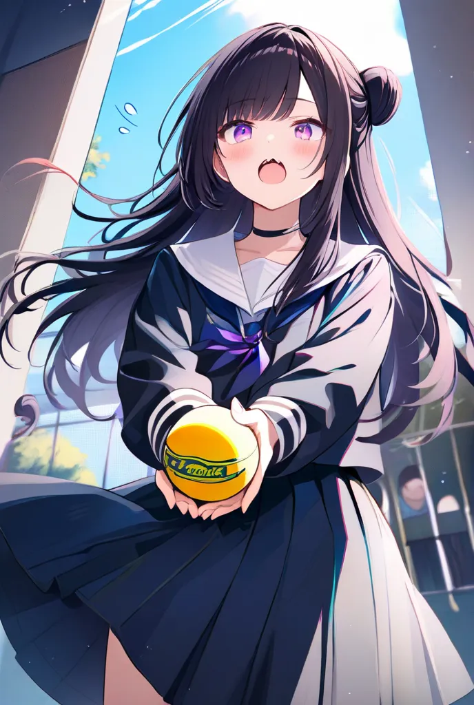  2 girls、（Milk tea hair、 shoulder-length hair in the image、Curl inward、 white sailor suit、灰色チェックのミニ skirt、Dog-like atmosphere、Milk Tea Eyes、Tall）、（ long black hair、Bun Hair、Tactile hair、A black suit with beautiful sharp lines、 skirt、Blue T-shirt、 purple ey...