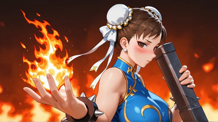 1 , Alone,  High resolution, Blush, Chun Li In Blue Clothes And A Sledgehammer In Her Hand With Flames Burning Background,  big breasts,  rear view,  side view, 