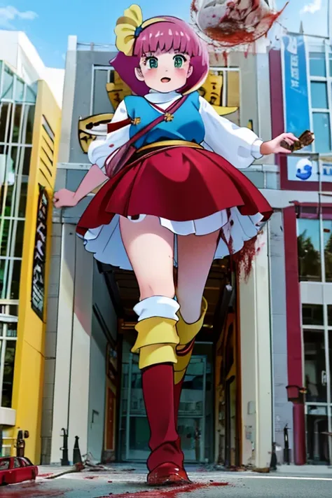 , Masterpiece,correct,  high quality,最 high quality, detailed depiction of up to the front door, pink hair,Yellow Boots, yellow headband, Yellow Ribbon , red skirt,Blue jacket, white turtleneck,The mouth is smiling, cute eyes, lovely atmosphere ,Teenage Gi...