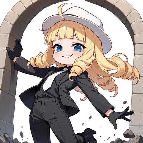 upper body, a Chibi Character, 
Solo, a girl, blonde, long hair, drill hair, floating hair, blunt bangs, ahoge, blue eyes, slant eyes, narrow eyes, naughty face, 
BREAK, 
white fedora hat, black long jacket, open jacket, black shirt, white necktie, black s...