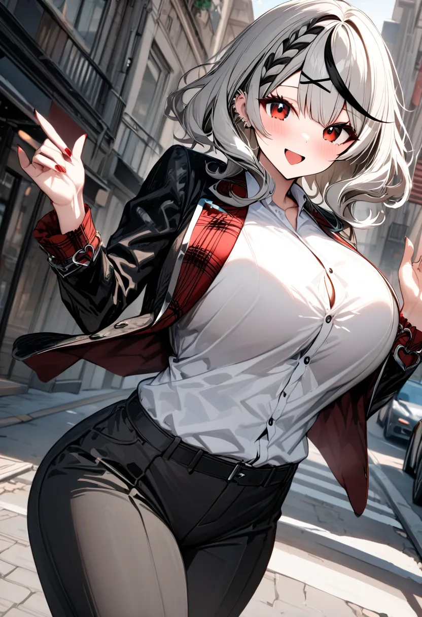 ( best quality , 8k , masterpiece , incredibly absurdres , perfect body , super detailed skin , highly detailed eyes and face , 1 woman ) ,  Sakamata Chloe , Silver Hair , red eyes , smile ,  will be happy , ( velvet blazer , dress shirt , Tailored trouser...