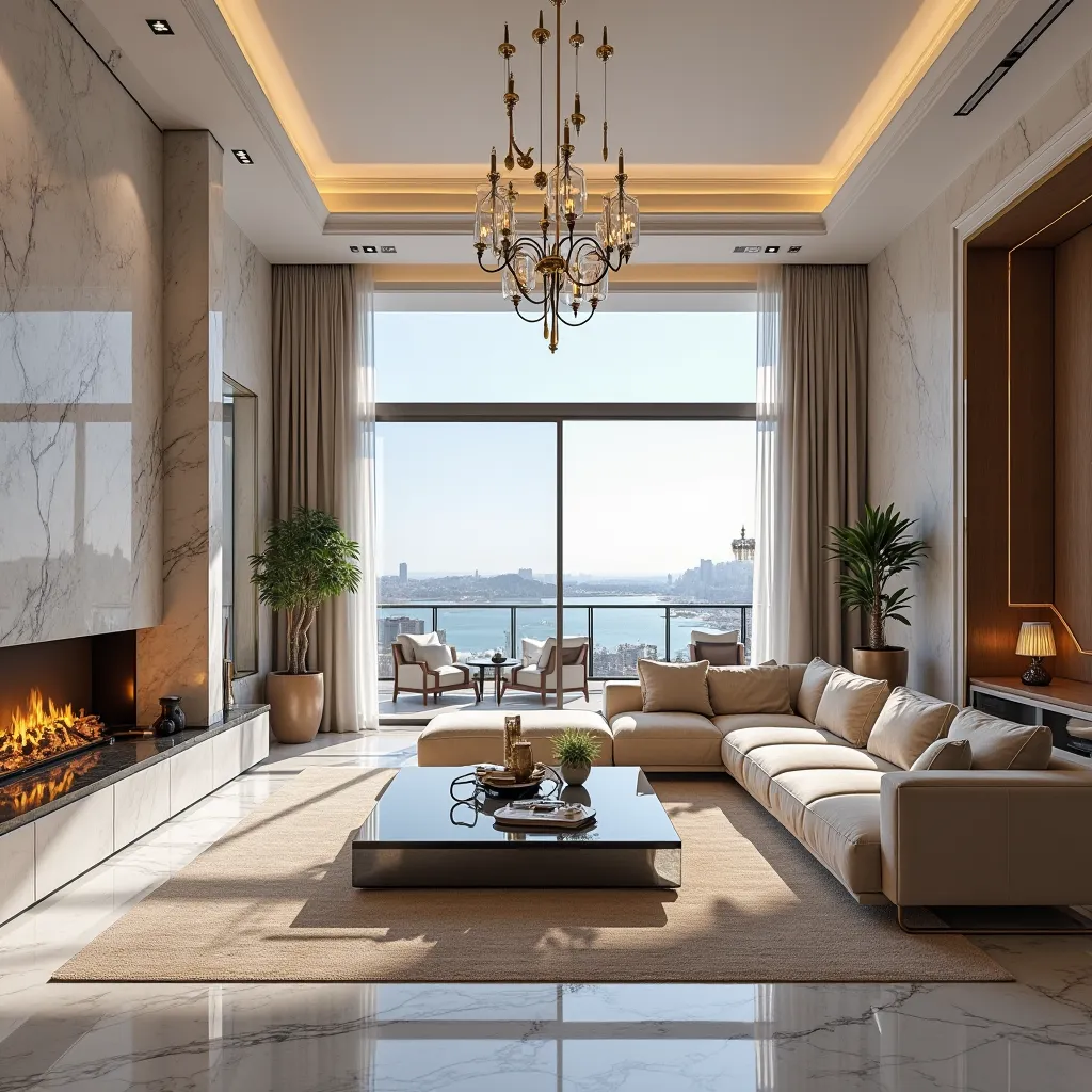 A luxurious modern living room with a touch of neoclassicism. A spacious area with high ceilings, large panoramic windows, and soft natural lighting. The interior features light tones with accents of marble, wood, and gold details. In the center, there is ...