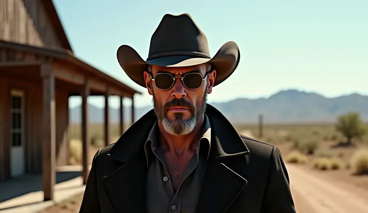 (photorealism:1.2),"A rugged cowboy with a dark cowboy hat and sunglasses stands outdoors with a serious expression as he looks directly at the camera. He wears a black jacket and a dark shirt, exuding confidence and intensity. The background features a ru...