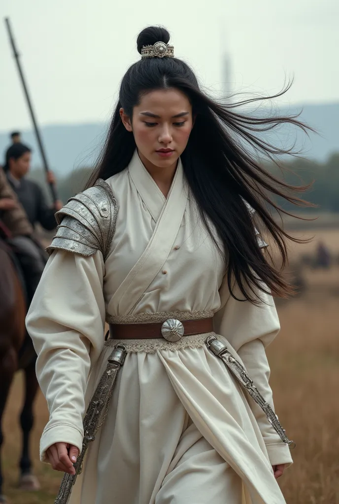 Ancient Korea Female General, Joseon era, long black hair which swirling with wind, is wearing light armored white general battle uniform, walking with her horse after the battles, the aftermath of the battle in the background.,
