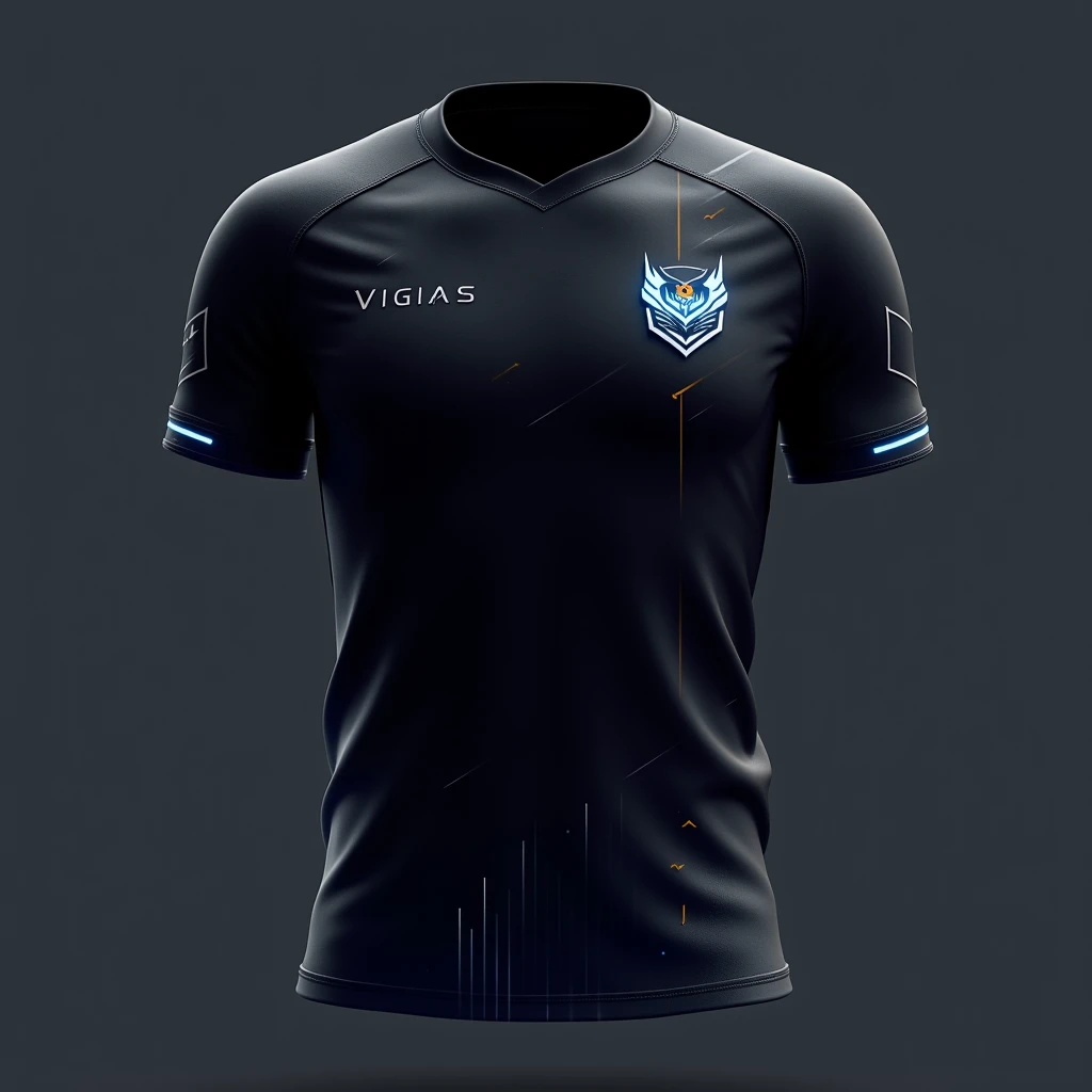 Create a futuristic esports jersey for a team called "VIGIAS". The jersey should have a sleek and professional design inspired by night watchmen and vigilance, with a modern, high-tech aesthetic.

- Base color: Matte black with a subtle gradient transition...