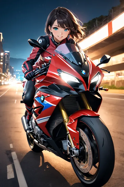 Beautiful Japanese woman riding a BMW S1000RR motorcycle, full view, white headlight, glowing exhaust pipe, super wide-angle shot. Shiny brown skin, wearing riding gear, slim legs, medium bust, short black hair, blue/aqua eyes, happy expression. Cinematic ...