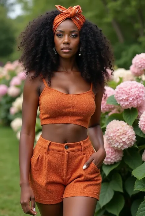 A curvaceous Black woman wearing a terracotta tweed crop top and matching high-waisted shorts, standing amid blooming hydrangeas at a garden party. She’s accessorized with pearl drop earrings and a silk headwrap tied in a bow. Her hair is styled in a gloss...