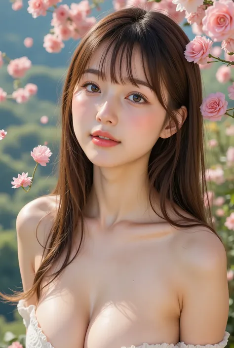  orbital space、Flower Garden、 Petals Dancing in the Wind  、 even the details of her skin are realistically drawn,  A beautiful woman in her 20s whose nostalgic feeling and beautiful skin 、 wet skin on the wall、 happy face