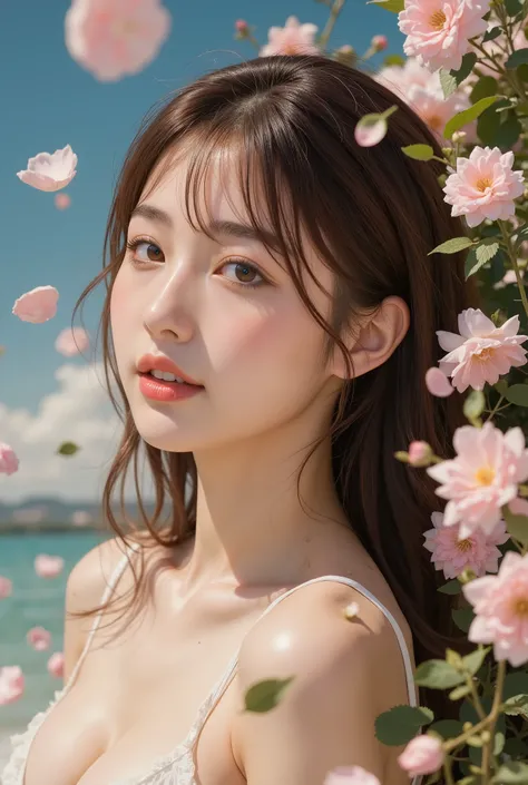  orbital space、Flower Garden、 Petals Dancing in the Wind  、 even the details of her skin are realistically drawn,  A beautiful woman in her 20s whose nostalgic feeling and beautiful skin 、 wet skin on the wall、 happy face