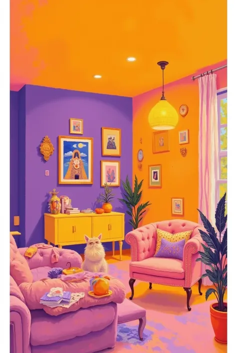   A painting of a living room with a sofa , chair, Table and vase ,  A pop art painting inspired by John Wannacott,  CG Association Contest inspired by Cao Buxing,  conceptual art,  warm artistic expression ,  and purple color scheme ,  room painting ,  an...