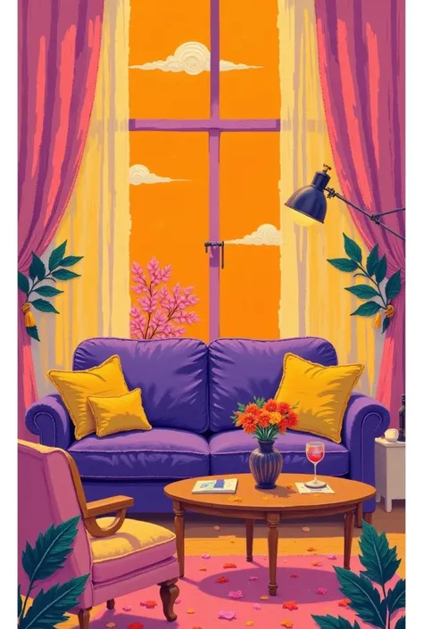   A painting of a living room with a sofa , chair, Table and vase ,  A pop art painting inspired by John Wannacott,  CG Association Contest inspired by Cao Buxing,  conceptual art,  warm artistic expression ,  and purple color scheme ,  room painting ,  an...