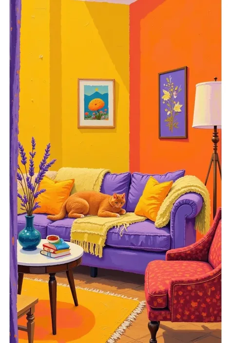   A painting of a living room with a sofa , chair, Table and vase ,  A pop art painting inspired by John Wannacott,  CG Association Contest inspired by Cao Buxing,  conceptual art,  warm artistic expression ,  and purple color scheme ,  room painting ,  an...