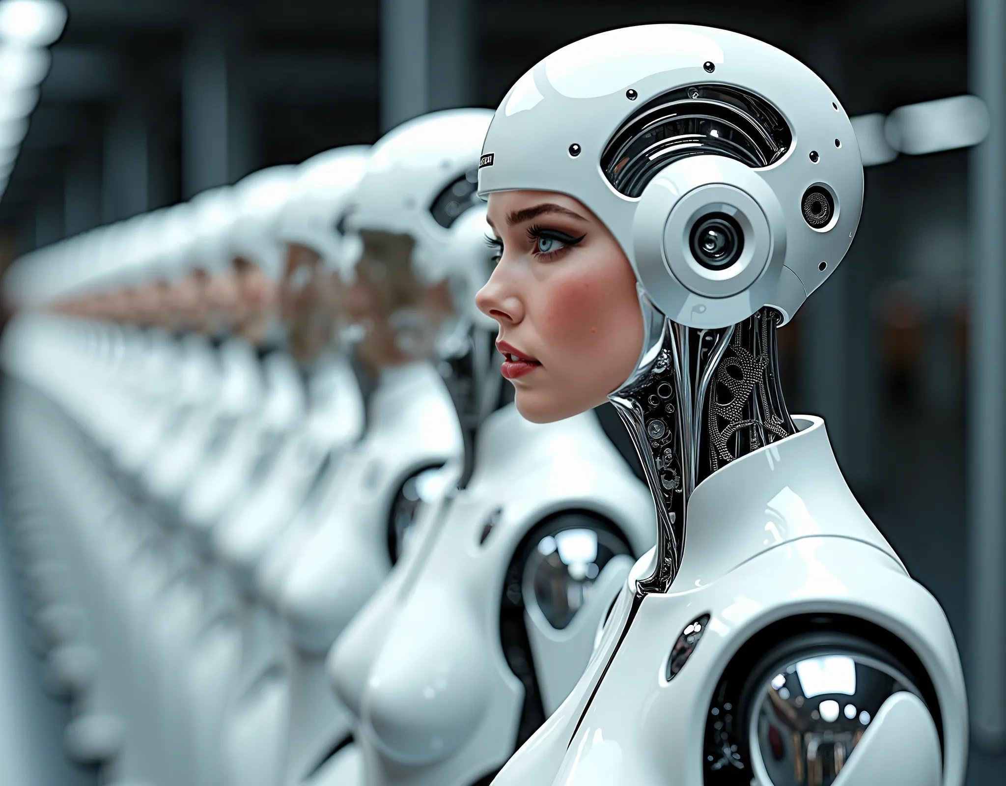 Many mannequins lined up in a row, Highly detailed VFX scenes, White biomechanical details, Darren Aronofsky, Human Computer, Large Arrays, Portrait of a female android, Artificial Intelligence Logo, Human female, Blu-ray image, Anthropomorphic woman, Cycl...