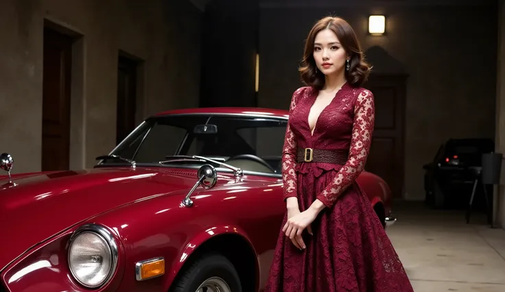 Lady wearing a crimson Fairlady Z : S30 and a lace dress