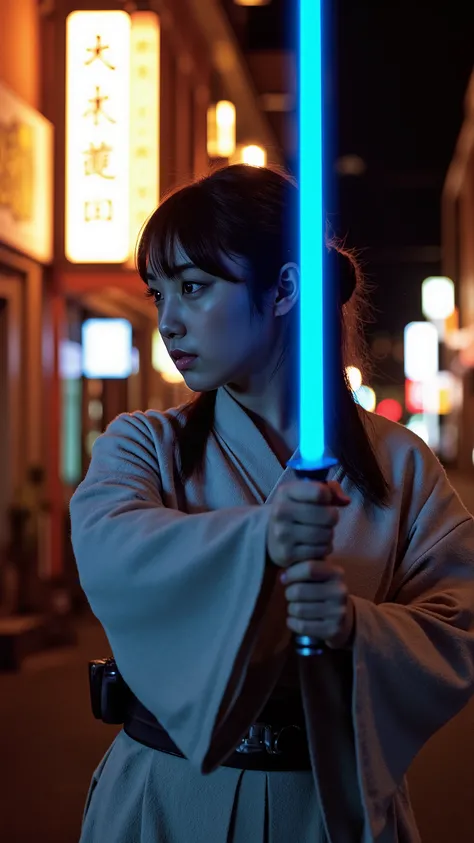 A high resolution photograph of a Japanese young woman in jedioutfit standing with blue light saber, profile, face focus, close-up, photo-realistic, realistic, masterpiece, best quality, cinematic lighting, Intricate details, outdoors, alley, outside bar w...